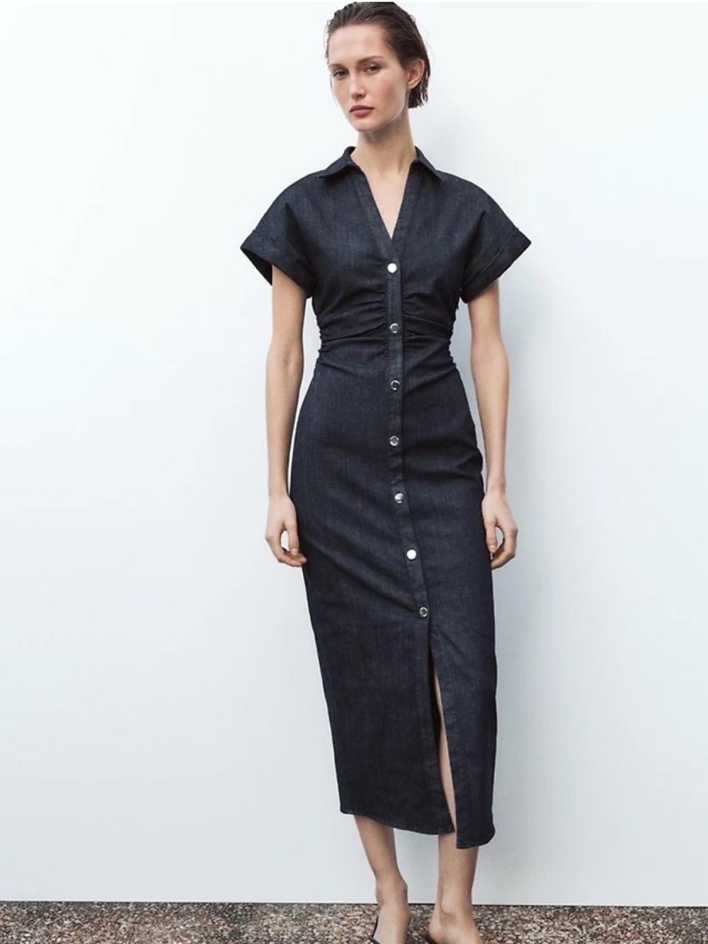 Zara Ruched Denim Midi Dress Size S